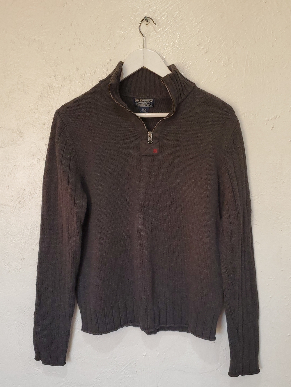 Vintage Polo Jeans Co Men's Quarter-Zip Grey Knit Sweater